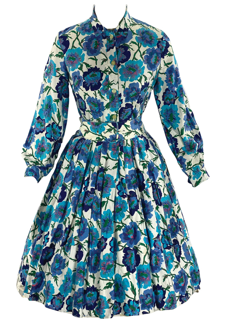 Late 1950s to Early 1960s Blue Floral Cotton Dress- New!
