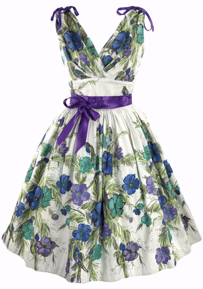 1950's Blue, Turquoise & Lilac Floral Print Cotton Dress - New!