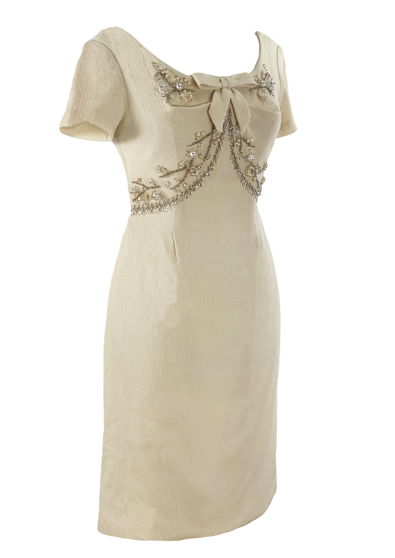cream wiggle dress Vintage 1950's Cream Pleated and Draped Dress Fifties Wiggle Dress UK 8 US 4 For Sale at 1stDibs
