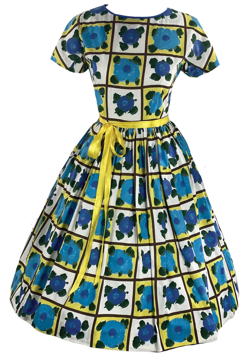 Late 1950s Early 1960s Blue and Yellow Floral Dress- New!