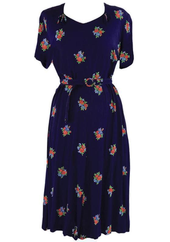 Vintage 1940s Navy Floral Rayon Blend Dress- New!