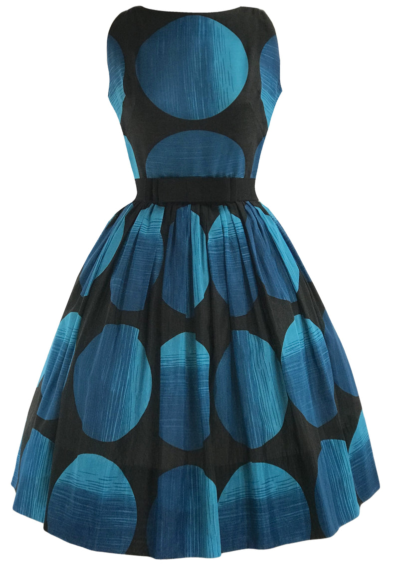 Vintage 1950s Vibrant Blue and Black Dot Dress- New!