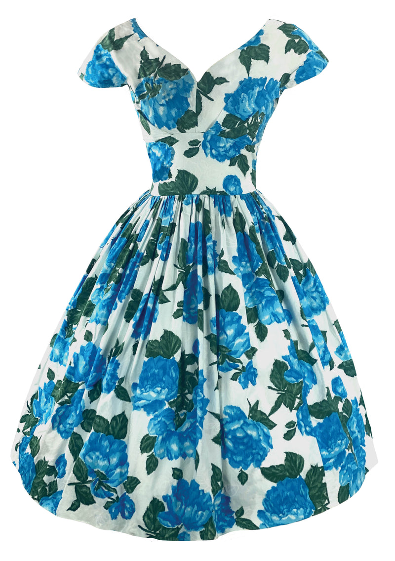 Late 1950s Vibrant Blue Roses California Cottons Dress- New! (ON HOLD)