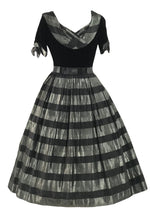 Late 1940s Black Velvet & Silver Striped Taffeta Dress- New!