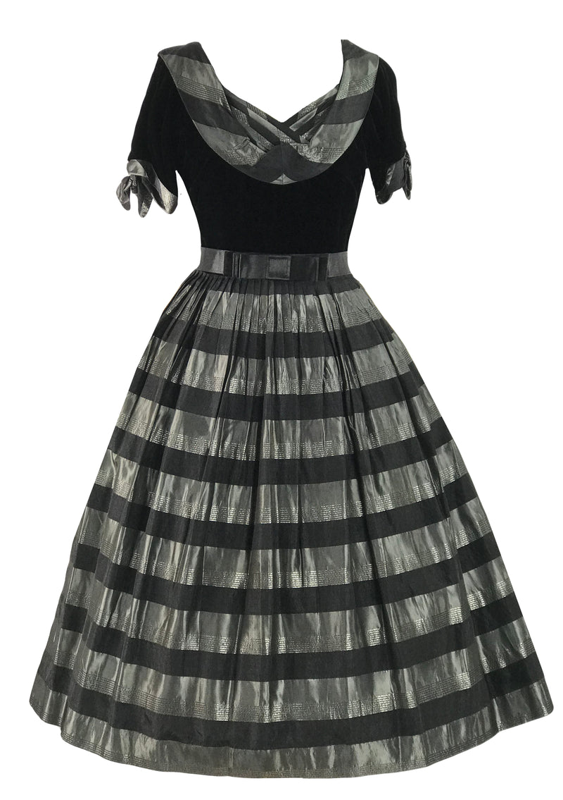 Late 1940s Black Velvet & Silver Striped Taffeta Dress- New!