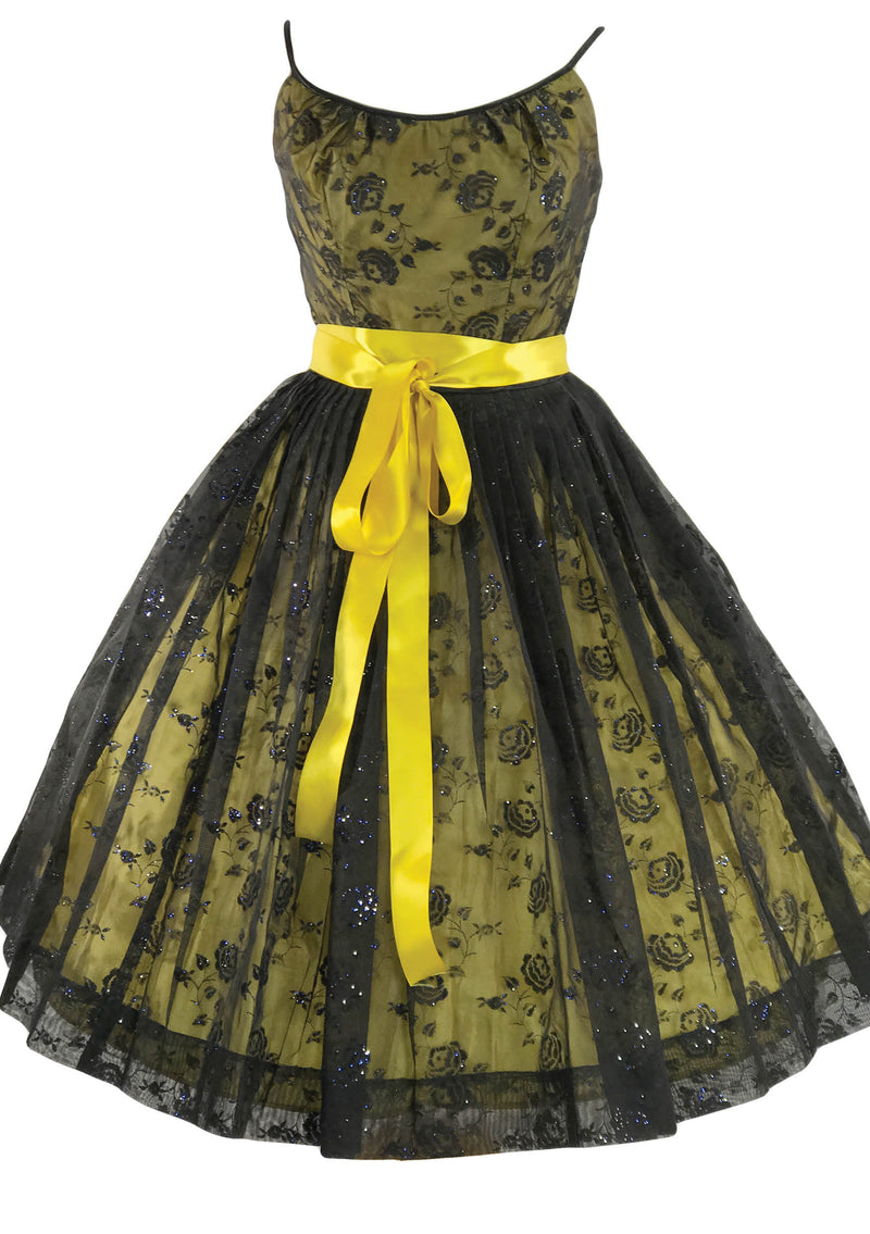 Gorgeous 1950s Black Flocked Glitter Chiffon Party Dress - New!