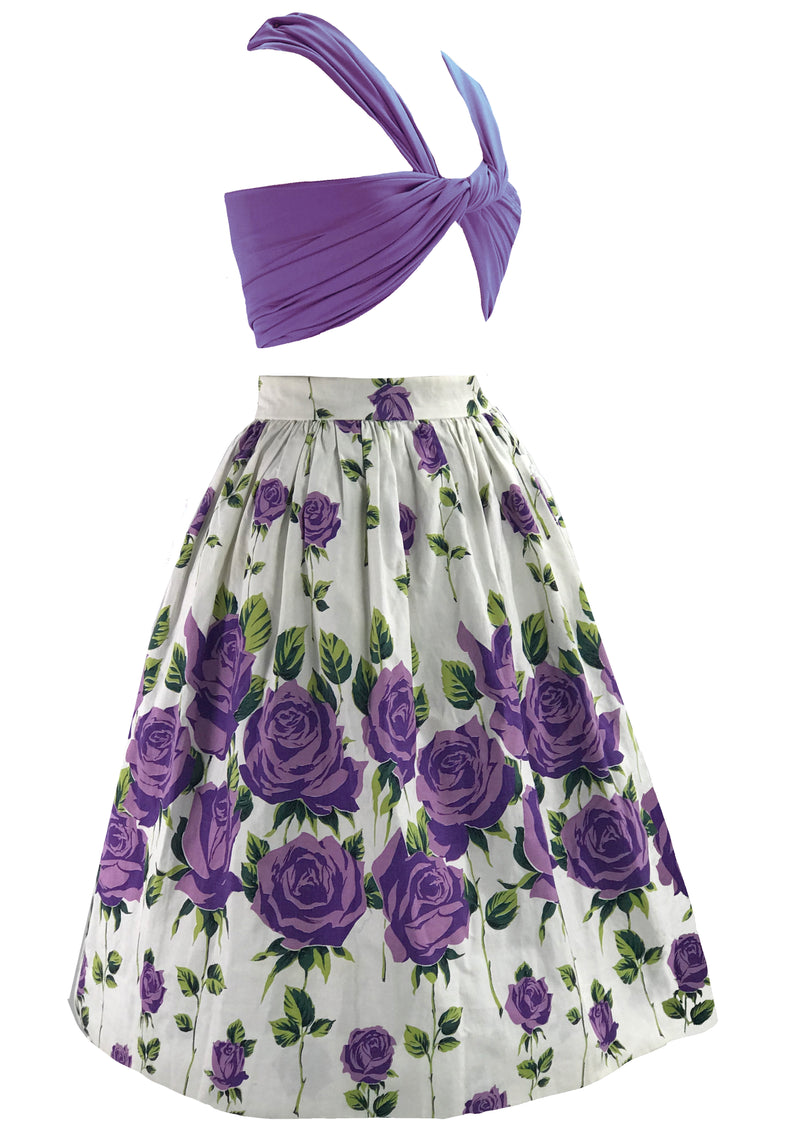 Striking Early 1960s Purple Roses Cotton Skirt- New!