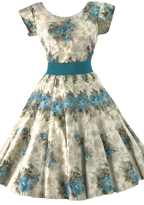 Lovely 1950s Blue Roses Taupe Embroidered Cotton Dress Set - New!