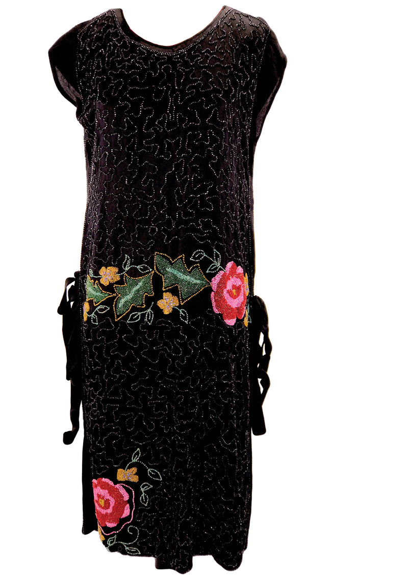 Original 1920s Black Sequin and Pink Roses Beaded Dress  - New!