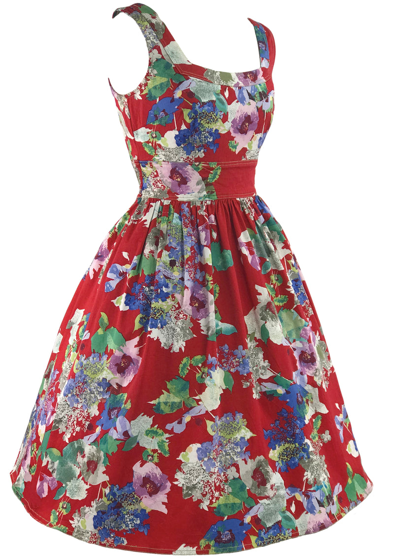Vintage 1960s Vibrant Red Floral Cotton Blend Sundress - New!