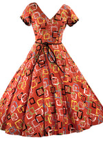 Vintage 1950s Orange Red Cotton Atomic Novelty Print Dress - New!