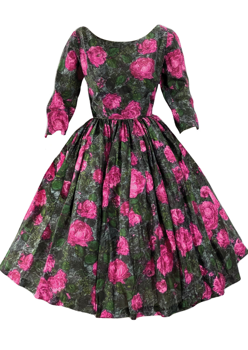 Late 1950s Early 1960s Magenta Roses Silk Dress - New!