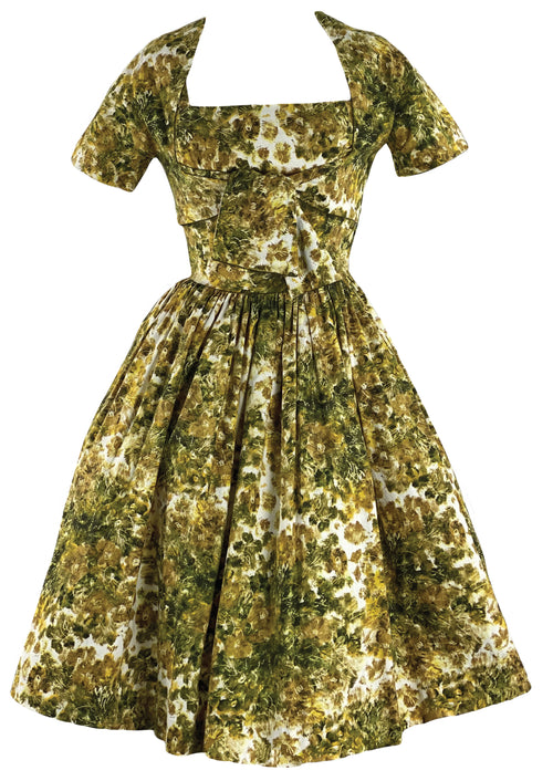 Late 1950s Early 1960s Green & Gold Floral Dress- New!