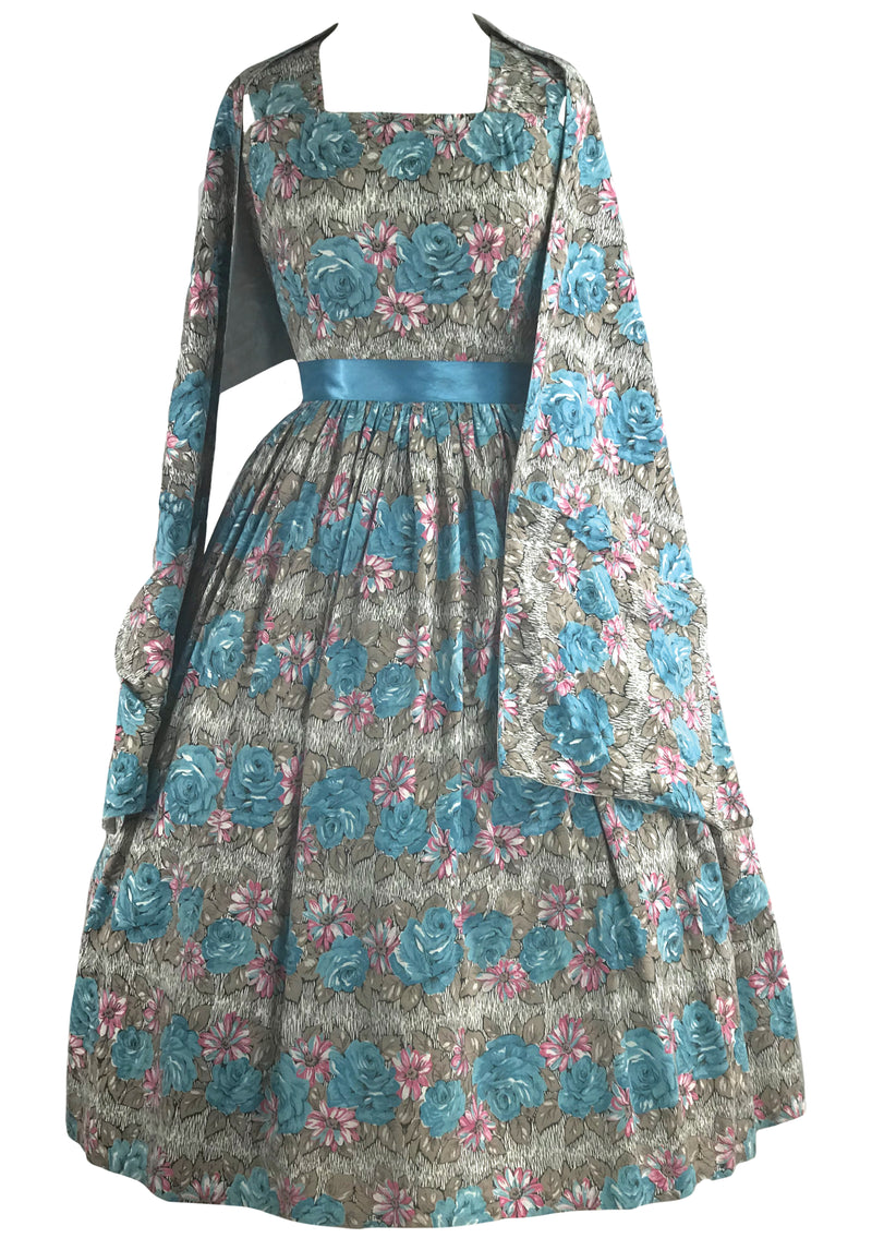 1950s Roses & Daisy Print Cotton Dress & Stole Ensemble- New!