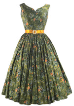 Beautiful 1950s Olive Green Floral Cotton Dress- New!