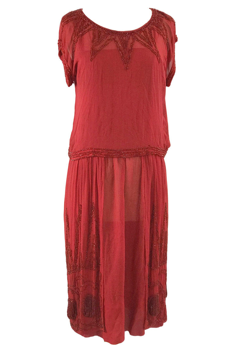 Vintage 1920s Red Beaded Chiffon Party Dress - New! (ON HOLD)