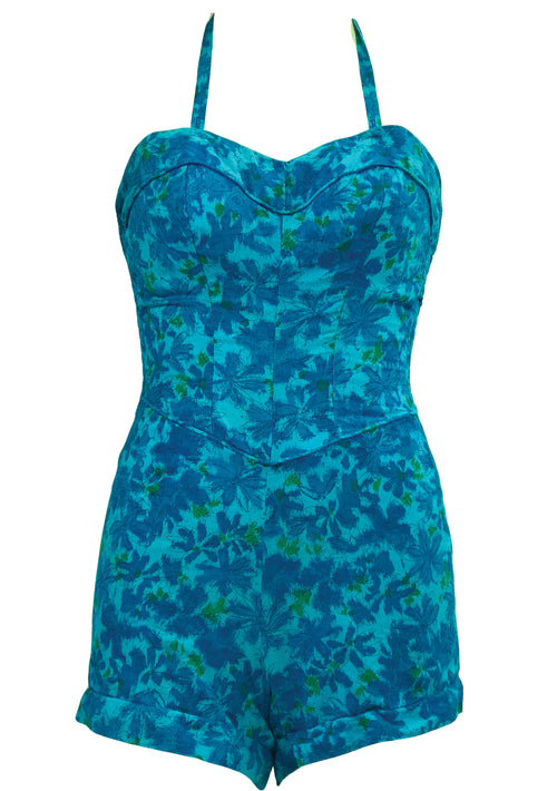 Mid 1950s Blue Floral Cotton Swimsuit/Playsuit- New!