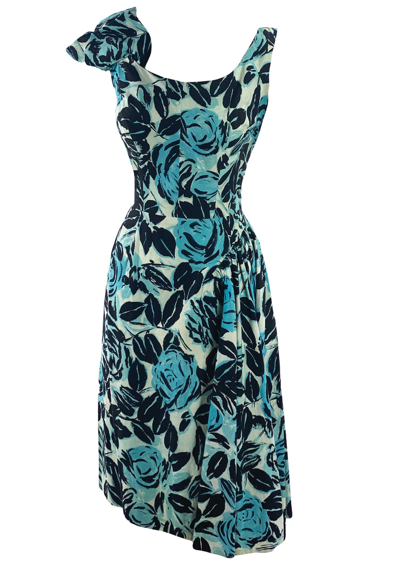 Late 1950s Early 1960s Blue Roses Cotton Dress - New!