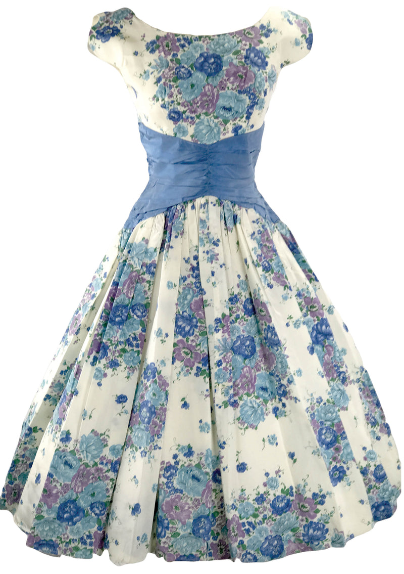 1950s Blue & Lilac Bouquet Taffeta Party Dress  - New