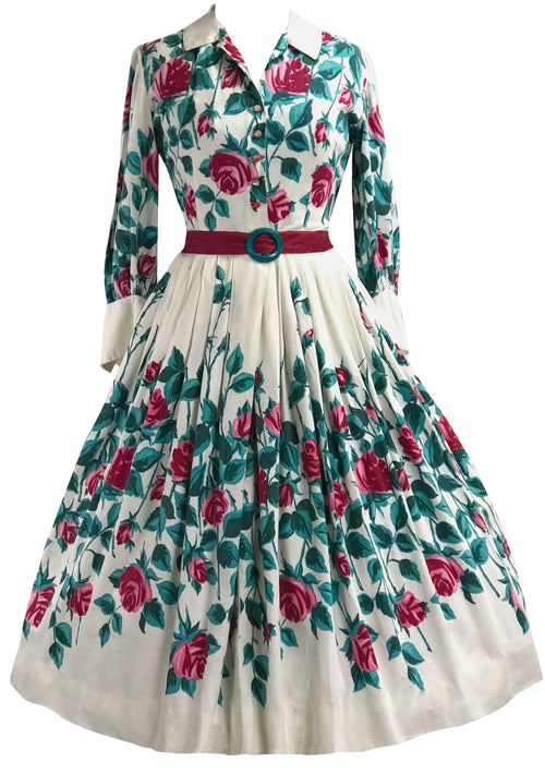 Vintage 1950s Long Stem Roses Cotton Dress- New!