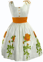 1950s Ivory Polished Cotton with Orange Roses Dress - New!