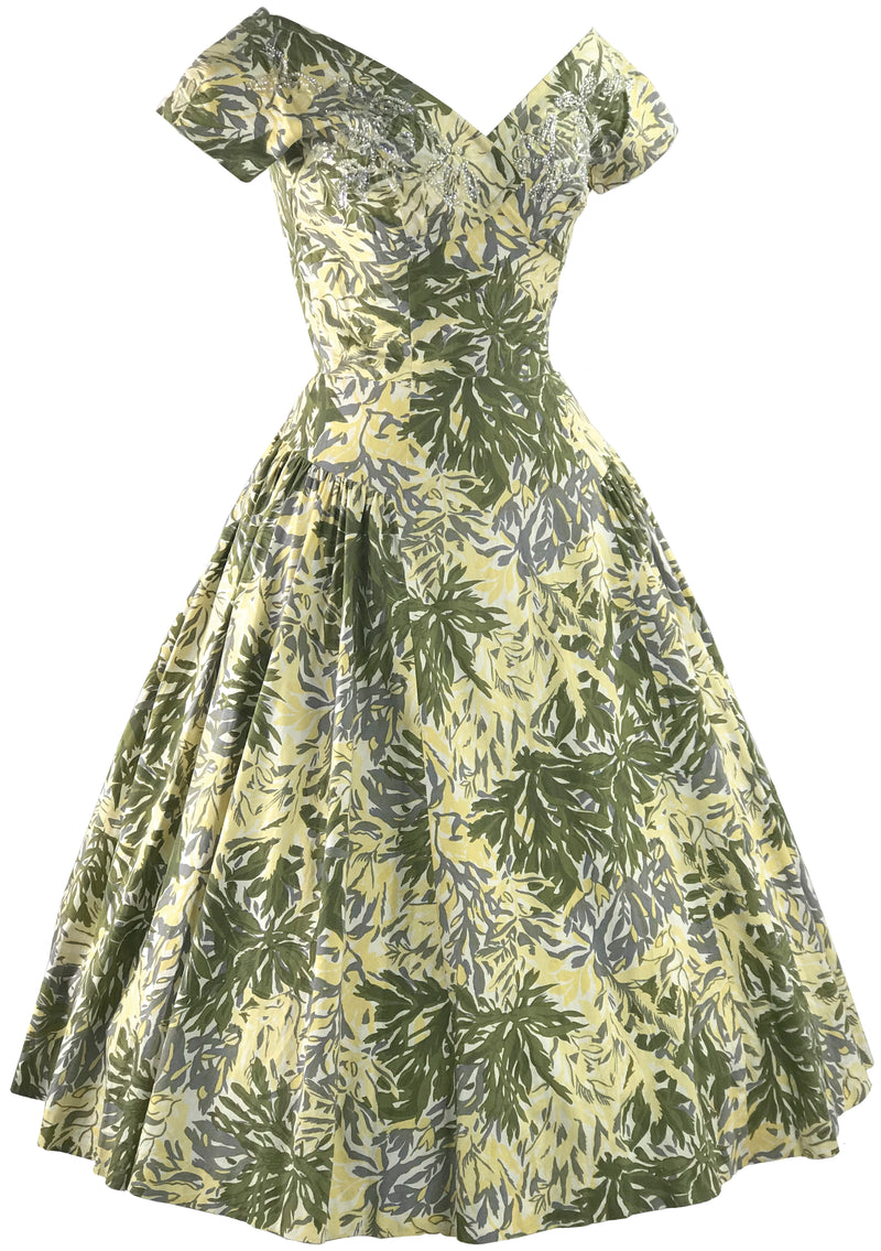 Elegant 1950s Leaf Print Cotton Dress - New! (On hold)