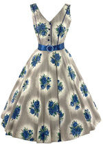 Vintage 1950s Blue Cameo Roses Cotton Dress- New!