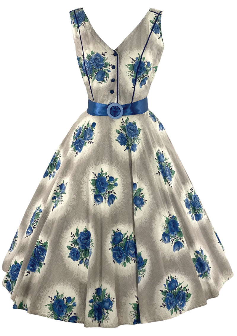 Vintage 1950s Blue Cameo Roses Cotton Dress- New!