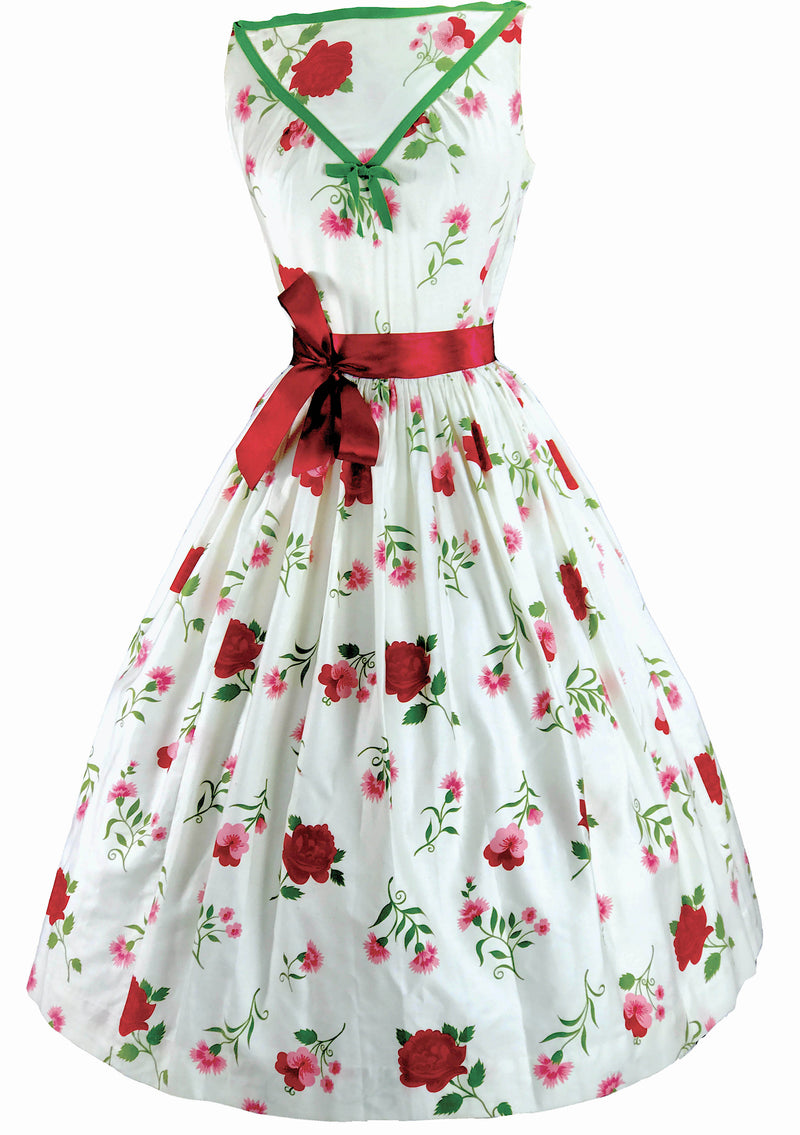 1950s Pink/Red Carnations & Roses on White Cotton Dress  - New!