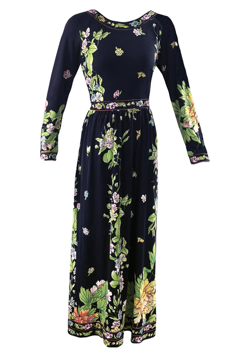 Vintage 1970s Black Floral Jersey Designer Maxi Dress - NEW!