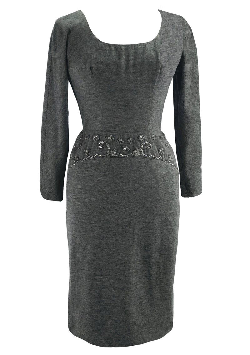 Vintage 1950s Charcoal Wool Wiggle Dress with Beading- New!