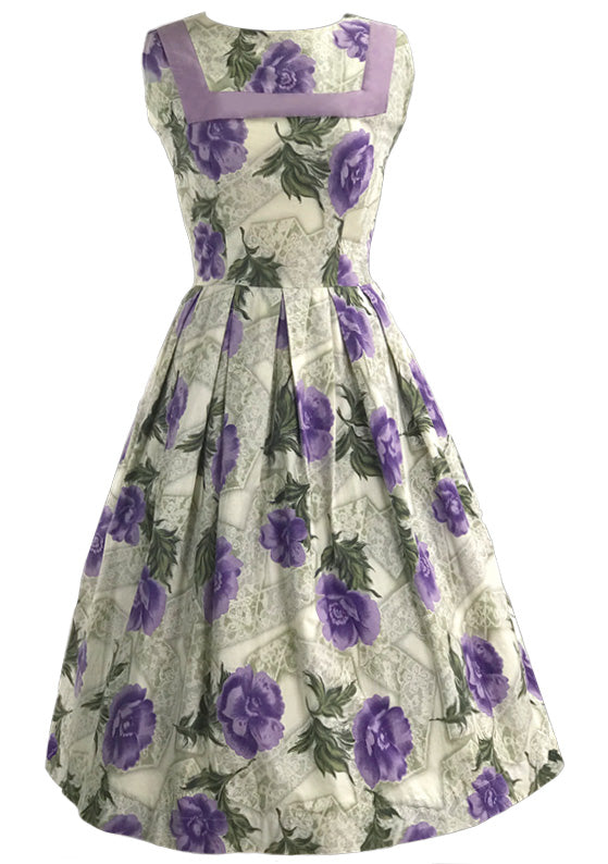 Vintage 1950s Purple Roses and Lace Print Dress - New!