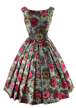 Late 1950s Vibrant Pink and Gold Roses Print Silk Dress - NEW!