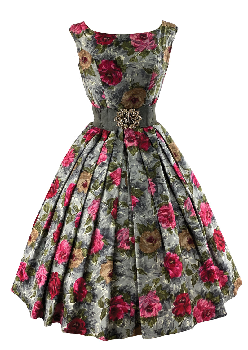 Late 1950s Vibrant Pink and Gold Roses Print Silk Dress - NEW!