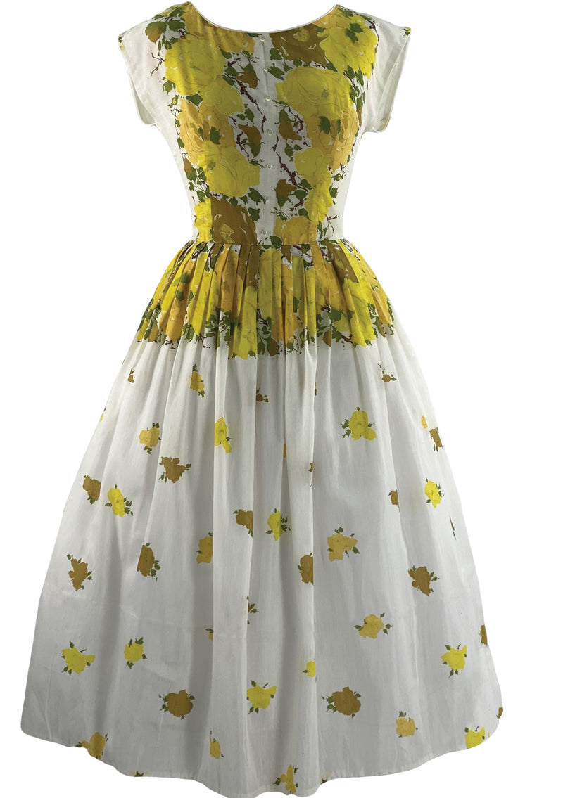 Late 1950s to Early 1960s Yellow Roses Cotton Dress - New!