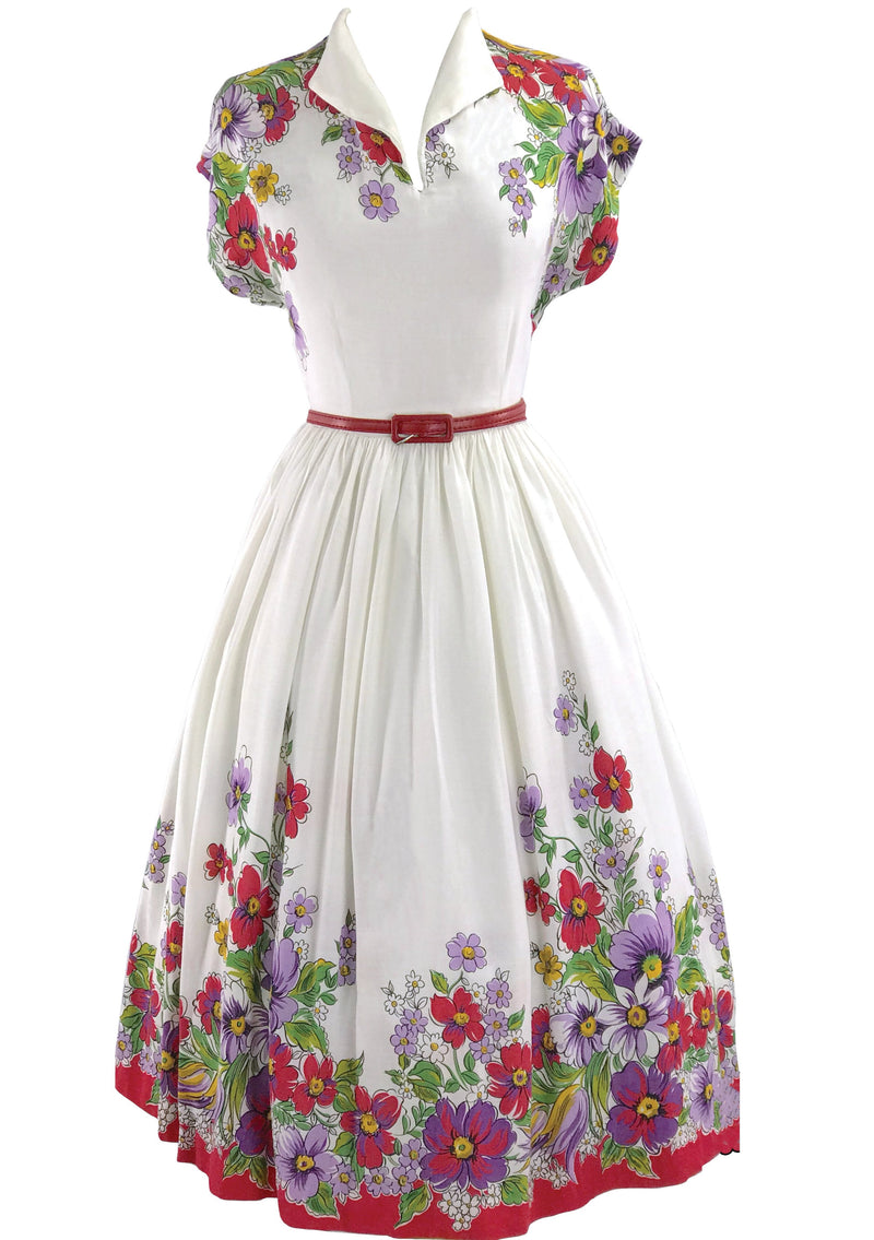 Early 1940s Ivory Floral Cotton Blend Border Print Dress- New!