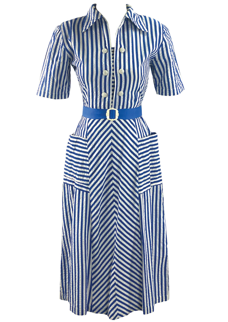 Late 1930s Early 1940s Blue and White Chevron Stripe Dress - NEW! Coutura Vintage Late 1930s Early 1940s Blue and White Chevron Stripe Dress - NEW! Coutura Vintage