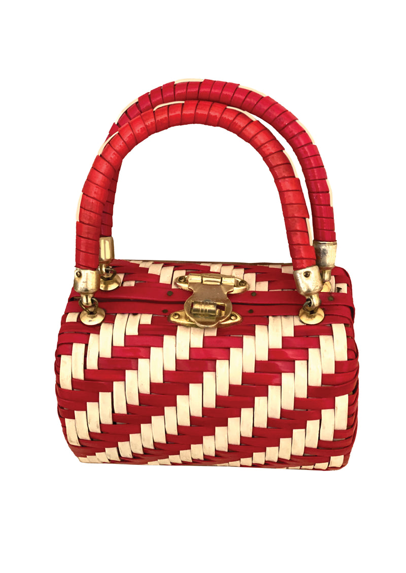 Vintage 1960s Red and White Herringbone Handbag - New!