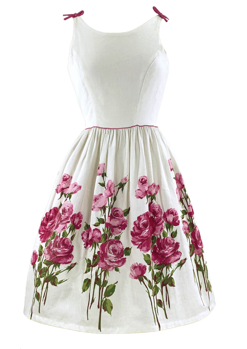 Early 1960s Pink Roses on White Pique Cotton Dress- New!