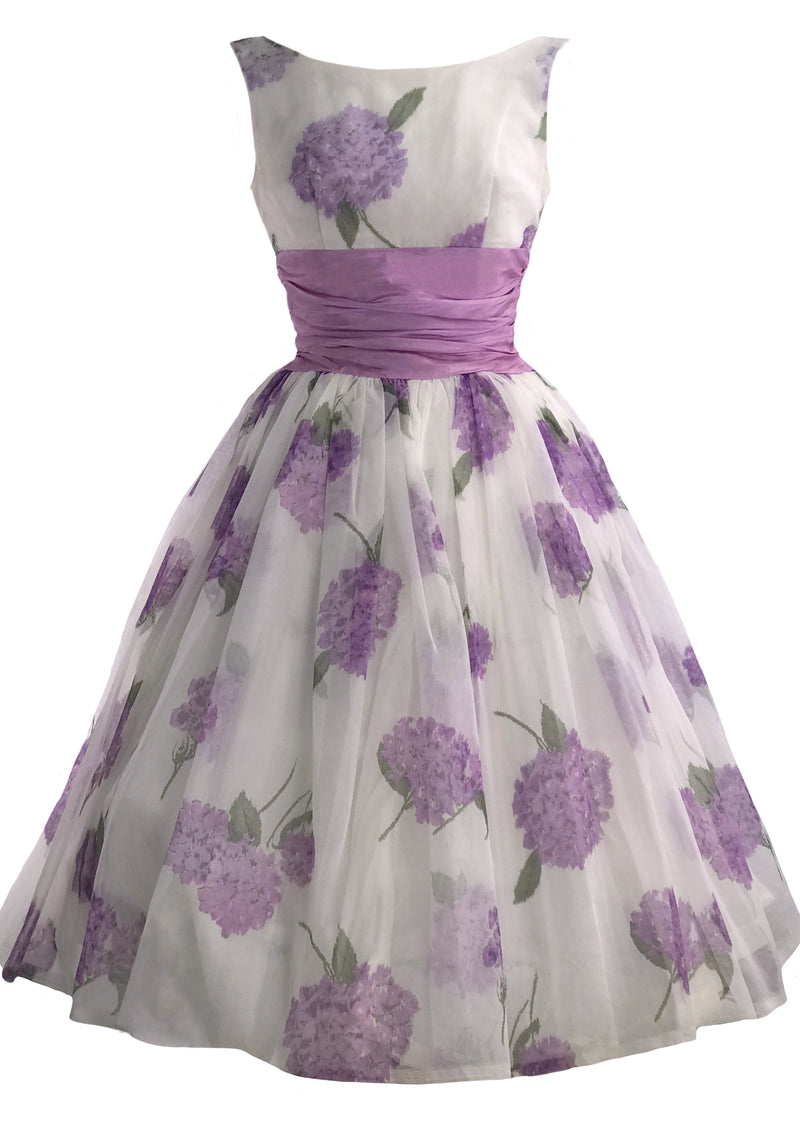 Spectacular 1950s Lilac Hydrangeas Chiffon Party Dress - New!