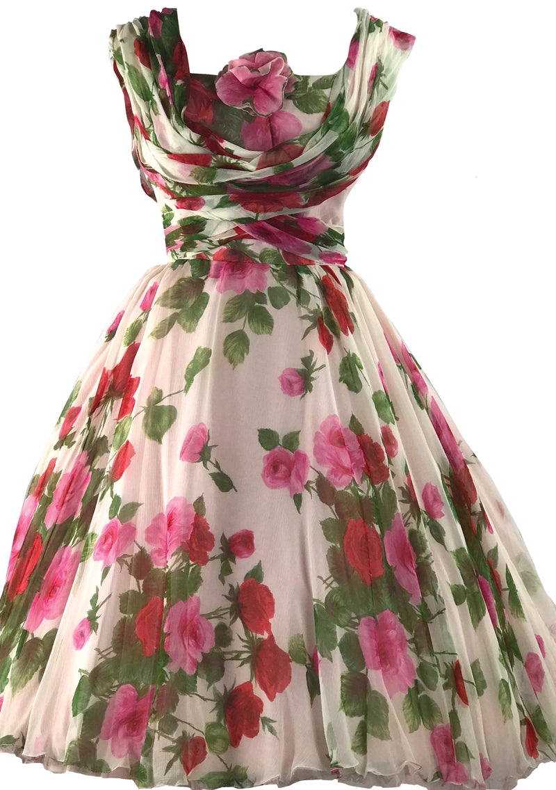 1950s Pink Roses Draped Chiffon Party Dress  - New! (ON HOLD)