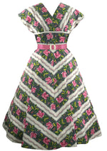 Vintage 1950s Pink Roses Stripe Cotton Dress - New!