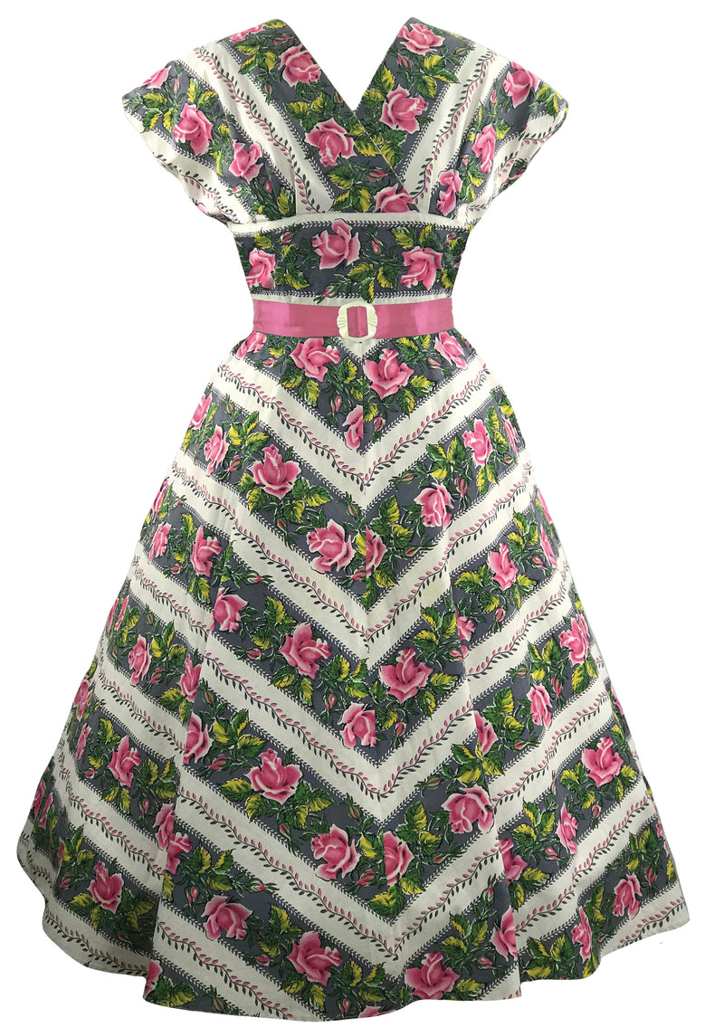 Vintage 1950s Pink Roses Stripe Cotton Dress - New!