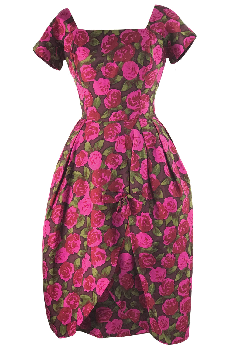 Vintage Designer 1950s Magenta Silk Roses Dress- New! (RESERVED)