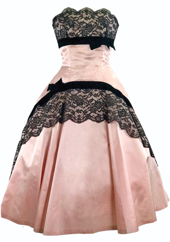 1950s Pink Silk Satin & Chantilly Lace Party Dress Ensemble - New! Coutura Vintage 1950s Pink Silk Satin & Chantilly Lace Party Dress Ensemble - New! Coutura Vintage