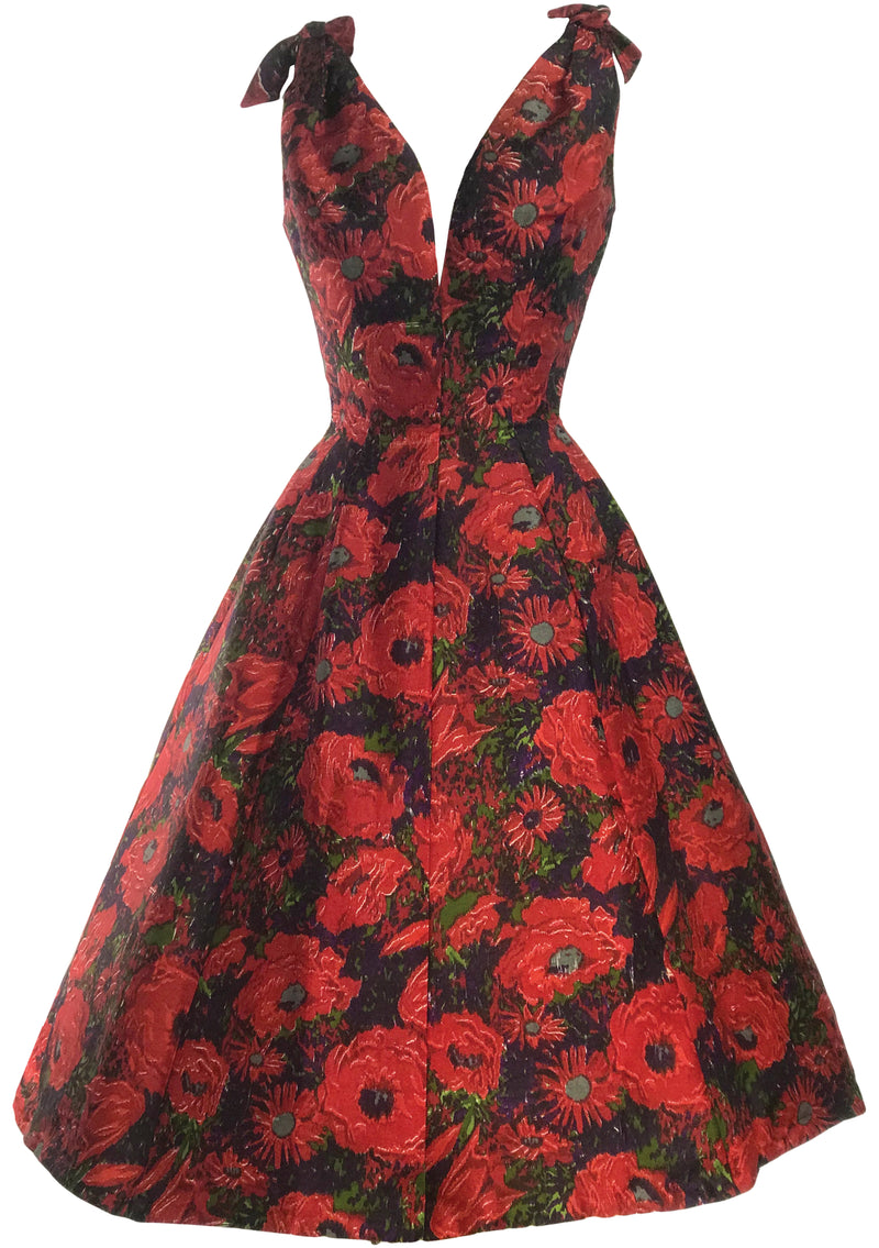Late 1950s Early 1960s Red Floral Silk Designer Party Dress- New!