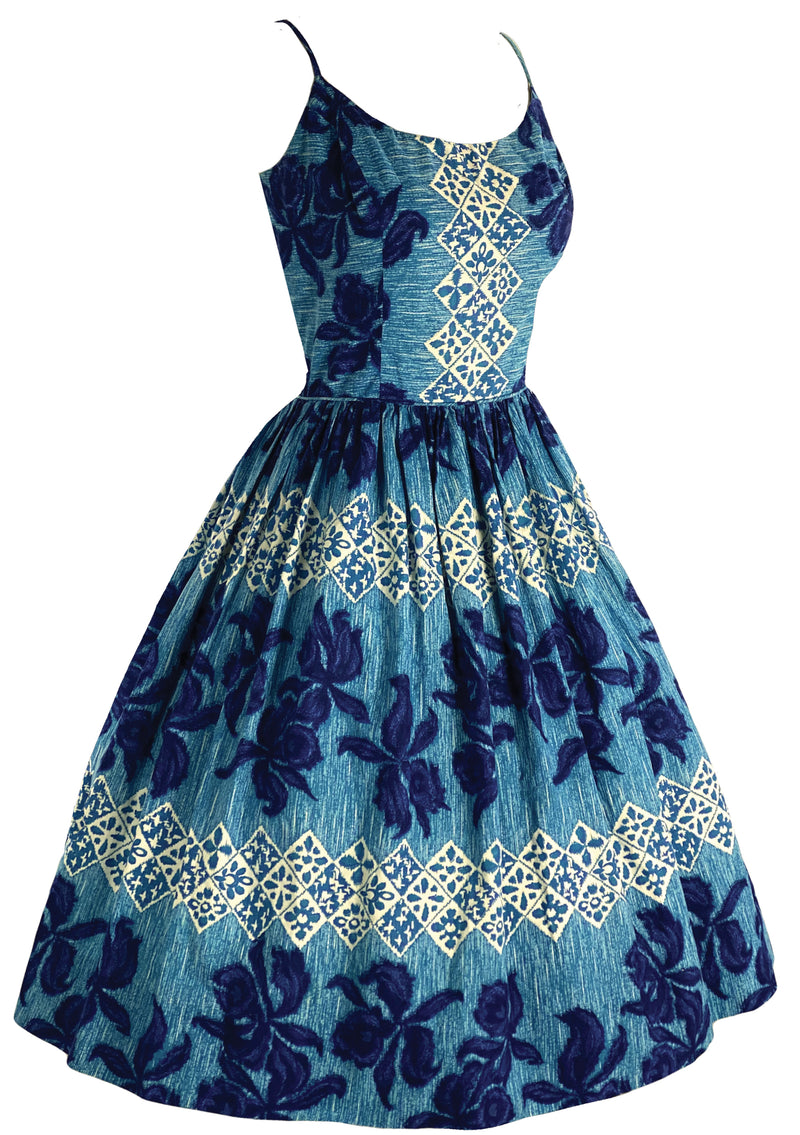 Late 1950s Early 1960s Blue Hawaiian Print Dress- New! Coutura Vintage Late 1950s Early 1960s Blue Hawaiian Print Dress- New! Coutura Vintage