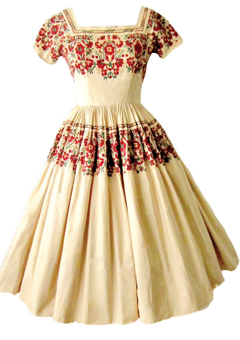 Vintage 1950s Cream Embroidered Cotton Dress  - New! (On hold)