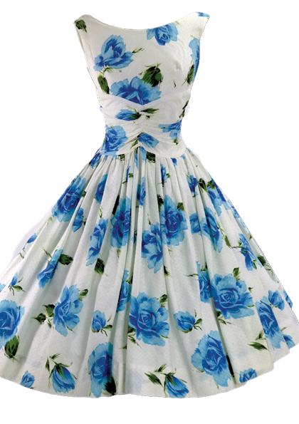 1950's Blue & White Large Roses Print Pique Cotton Dress - New!