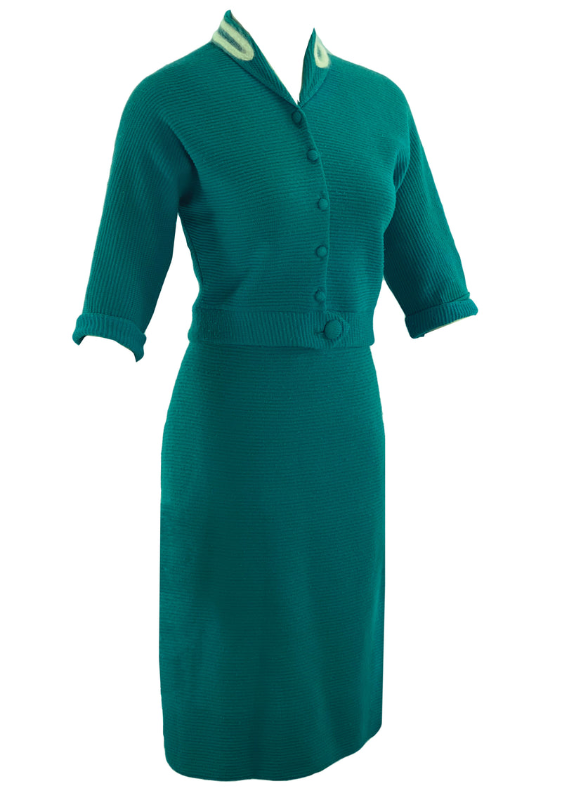 Vintage Early 1960s Teal Coloured Wool Knit Suit - NEW!
